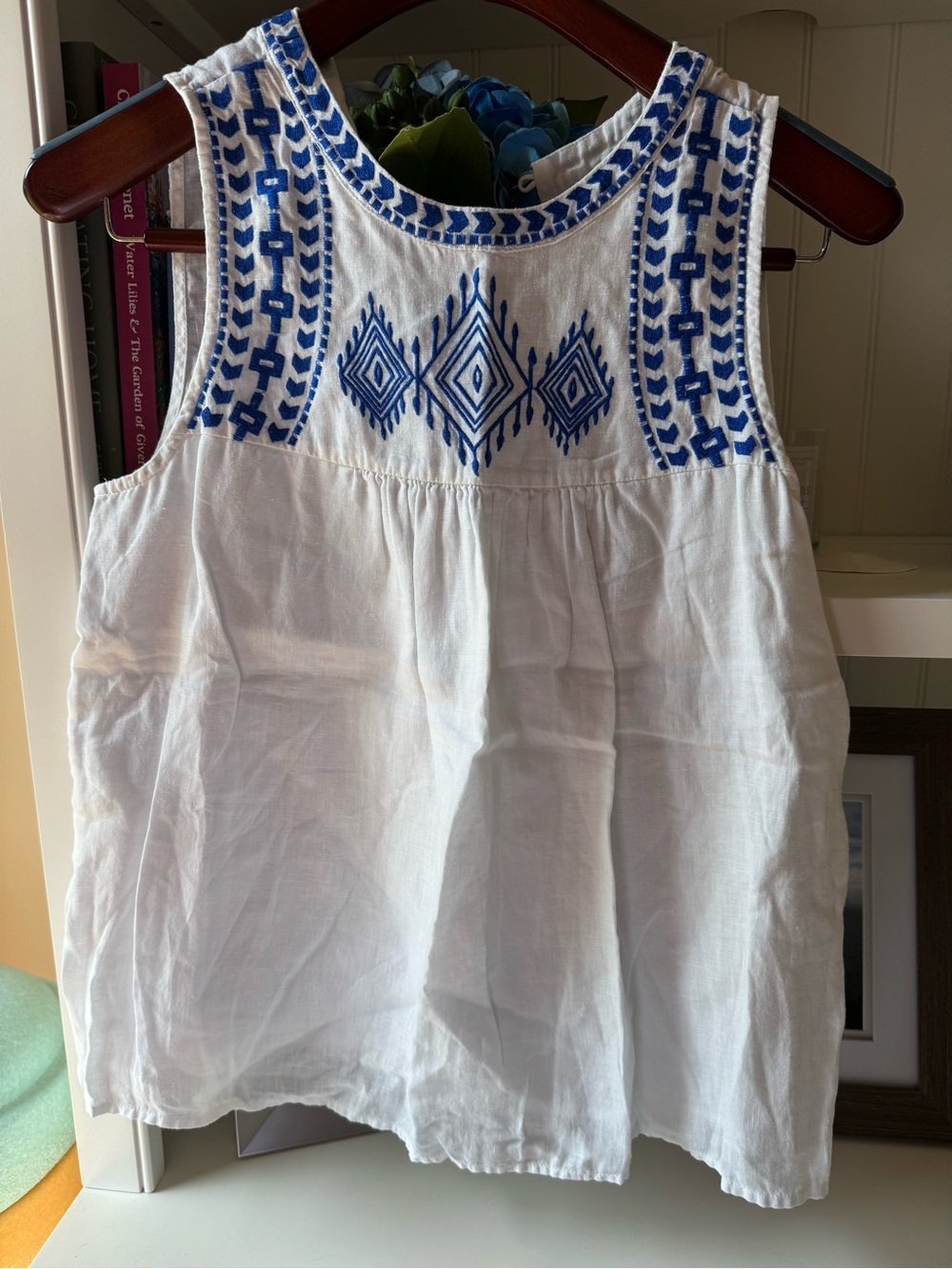 J. Crew Factory White Tank with Blue Embroidered Yoke